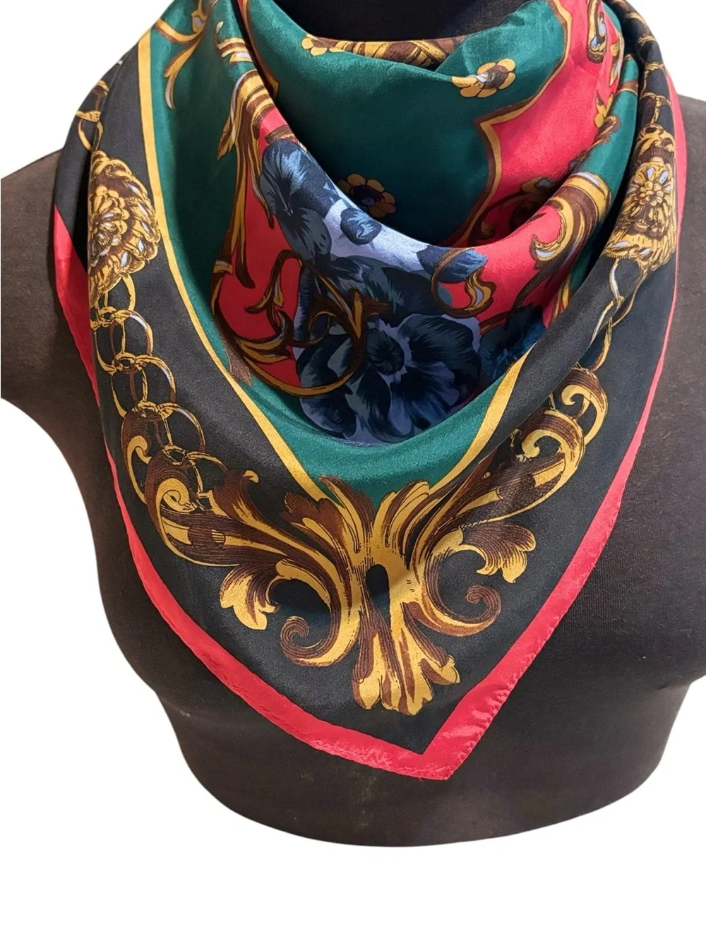 Vintage  Silk-Feel Floral Baroque Scarf in Green and Red
